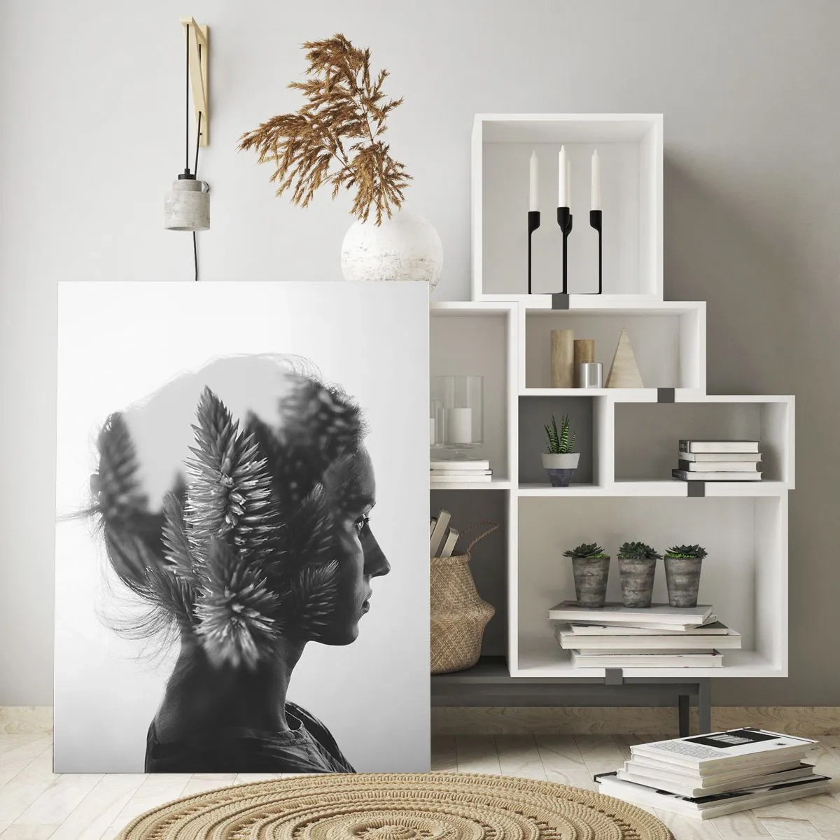 Quadro su vetro - Un ritratto sottile con elementi della natura - 70x100cm - La signora della pineta - Decorazione murale moderna per soggiorno e camera da letto ARTTOR