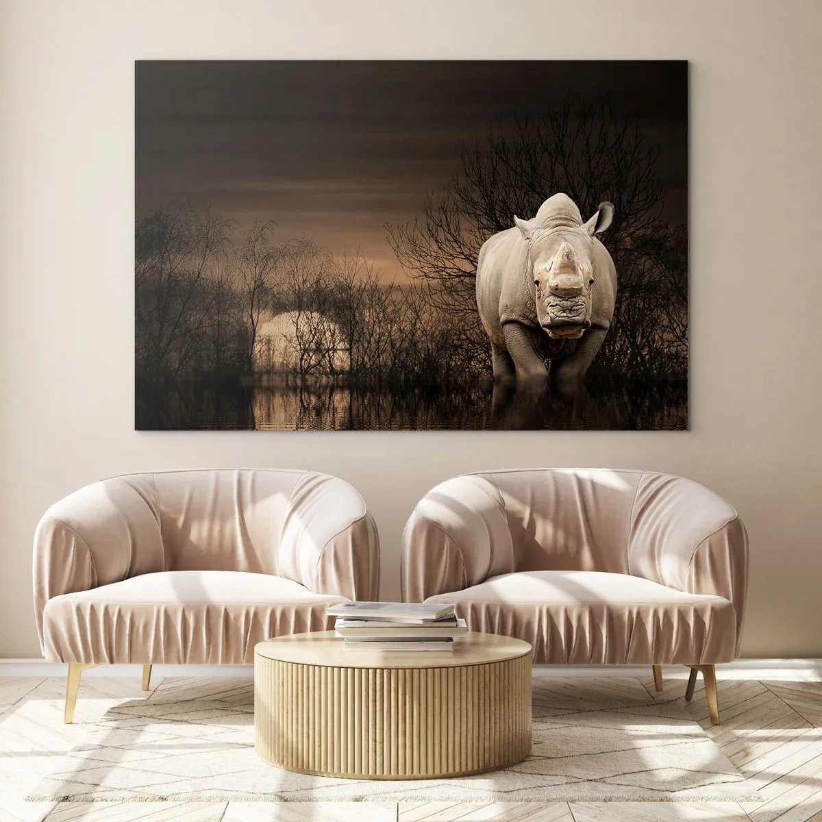 Quadro su vetro - Rinoceronte contro il sole al tramonto - 70x50cm - Bianco contro la natura - Decorazione murale moderna per soggiorno e camera da letto ARTTOR