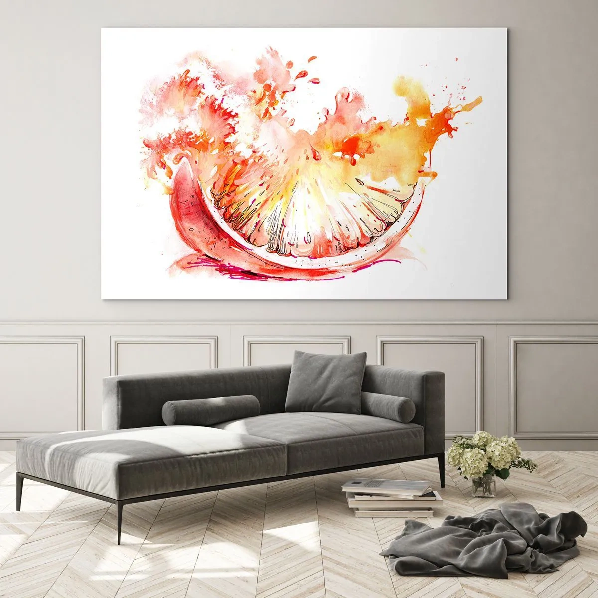 Quadro su vetro - Dipinto ad acquerello di uno spicchio di pompelmo succoso in movimento - 120x80cm - Succoso rinfresco - Decorazione murale moderna per soggiorno e camera da letto ARTTOR