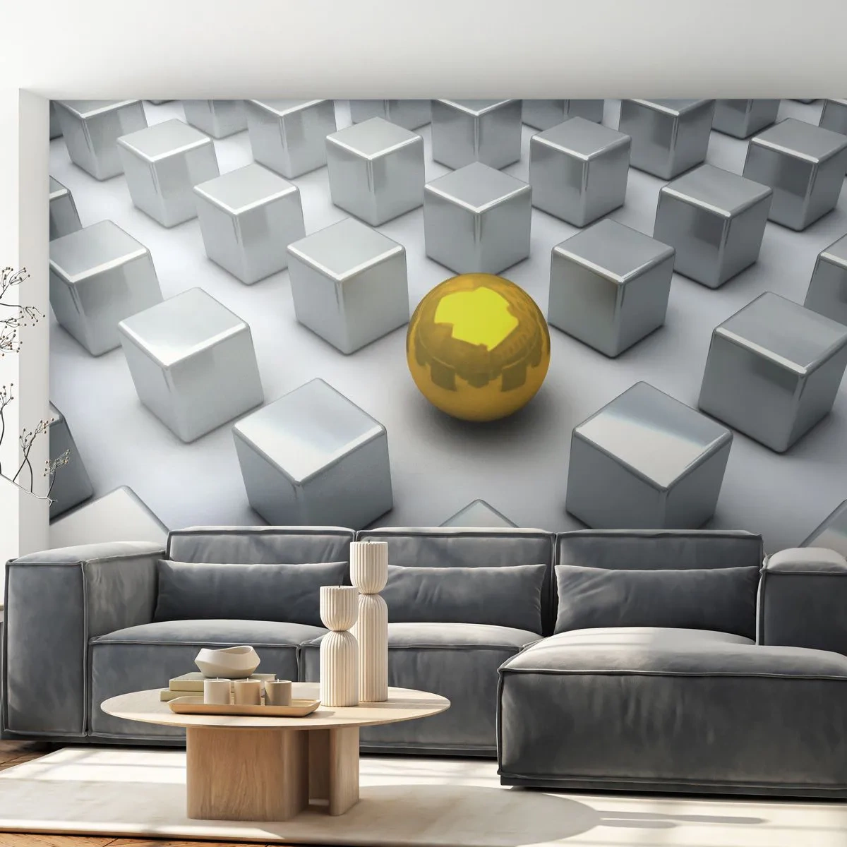 Fotomurali Premium Sand - Una palla d'oro tra cubi d'argento - 100x70cm - Perché io? Composizione geometrica - Decorazione murale moderna per soggiorno e camera da letto ARTTOR