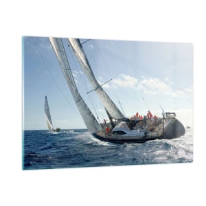 Quadro su vetro - Yacht da regata in mare aperto con il vento in poppa - 120x80cm - Che vinca il migliore - Decorazione murale moderna per soggiorno e camera da letto ARTTOR