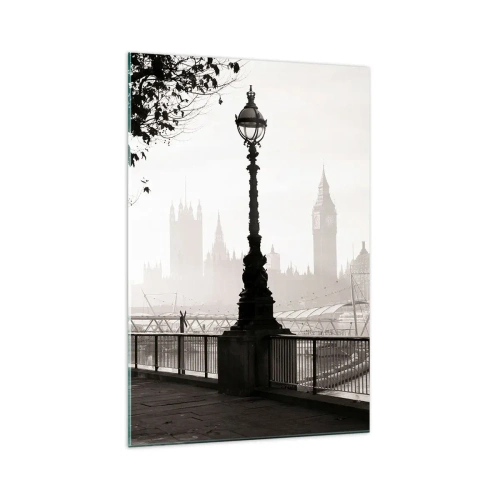 Quadro su vetro - Una vista monocromatica del Big Ben e del Tamigi. - 70x100cm - Un mattino a Londra - Decorazione murale moderna per soggiorno e camera da letto ARTTOR