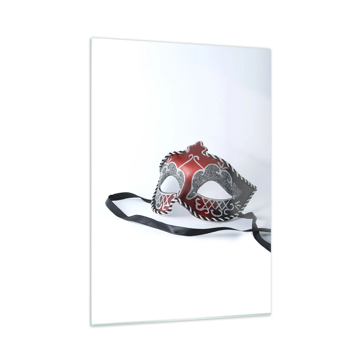 Quadro su vetro - Maschera di carnevale in rosso e argento - 50x70cm - Invito al ballo - Decorazione murale moderna per soggiorno e camera da letto ARTTOR