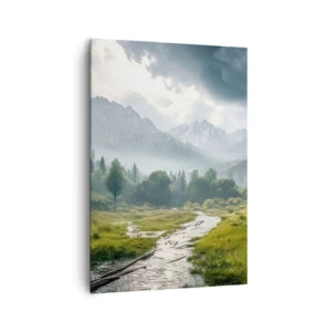 Quadro su tela - Stampe su Tela - Un paesaggio montano con un fiume e alberi circondati da montagne nebbiose - 70x100cm - Andata e ritorno - Decorazione murale moderna per soggiorno e camera da letto ARTTOR
