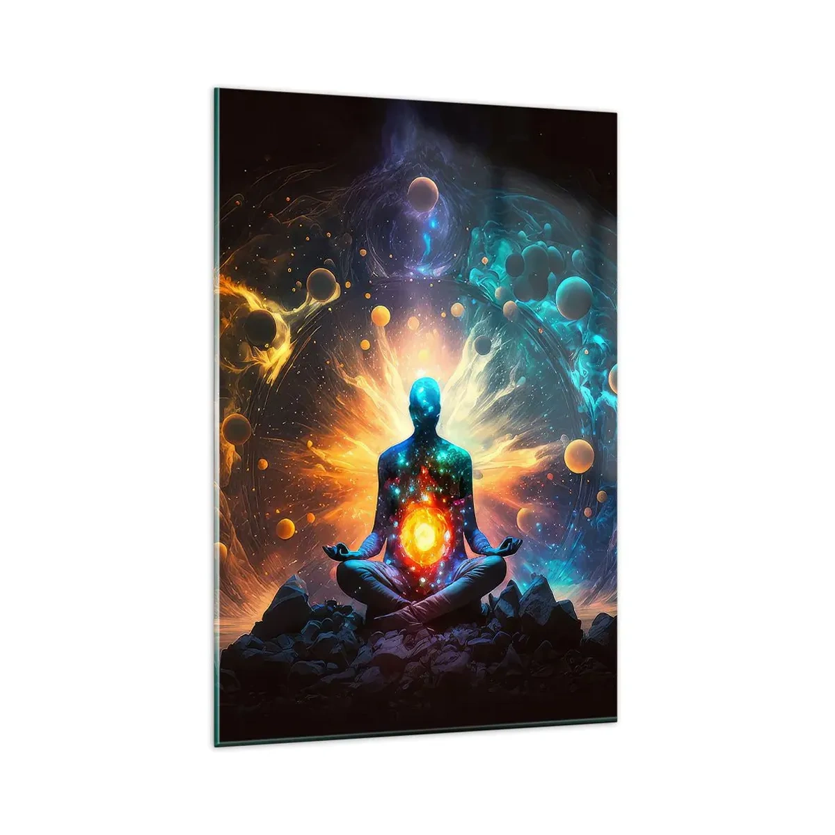 Quadro su vetro - Una figura in meditazione circondata da un'aura cosmica - 80x120cm - Pace cosmica - Decorazione murale moderna per soggiorno e camera da letto ARTTOR