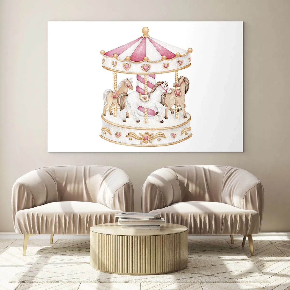 Quadro su vetro - Una giostra rosa con cavalli in stile bambini su uno sfondo bianco - 70x50cm - Il dolce mondo dell'infanzia - Decorazione murale moderna per soggiorno e camera da letto ARTTOR