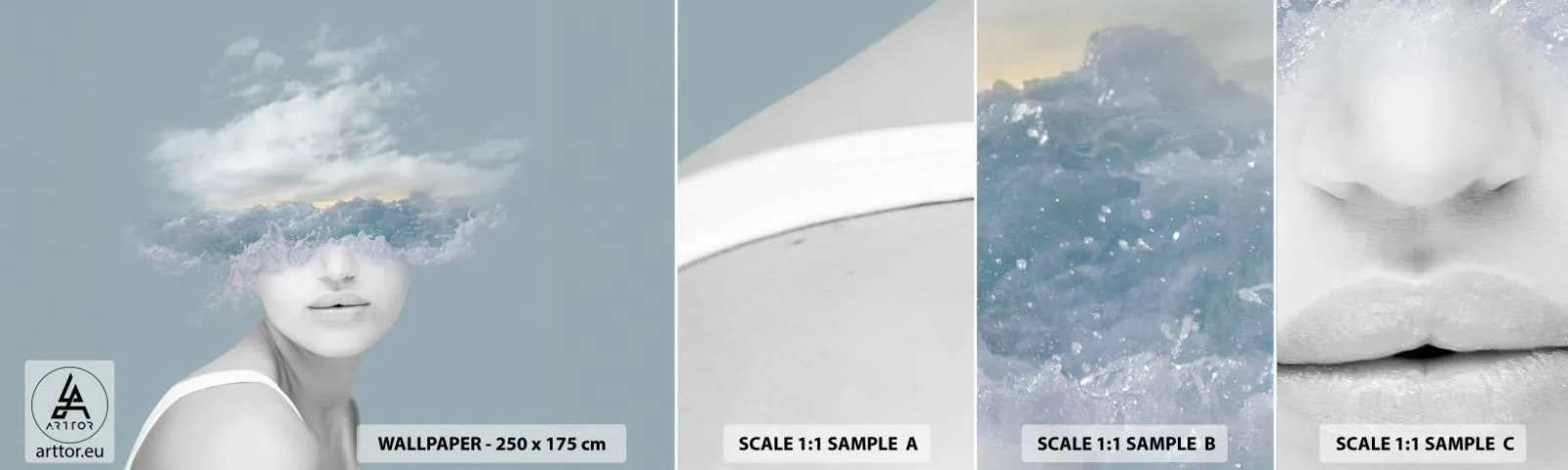 Campione Di Fotomurale Standard Eco - Con la testa tra le nuvole - Luminoso, Ritratto, Nuvole - 100x30 cm