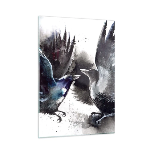 Quadro su vetro - Due corvi in posa dinamica con le ali spiegate - 50x70cm - Corvi imperiali - Decorazione murale moderna per soggiorno e camera da letto ARTTOR