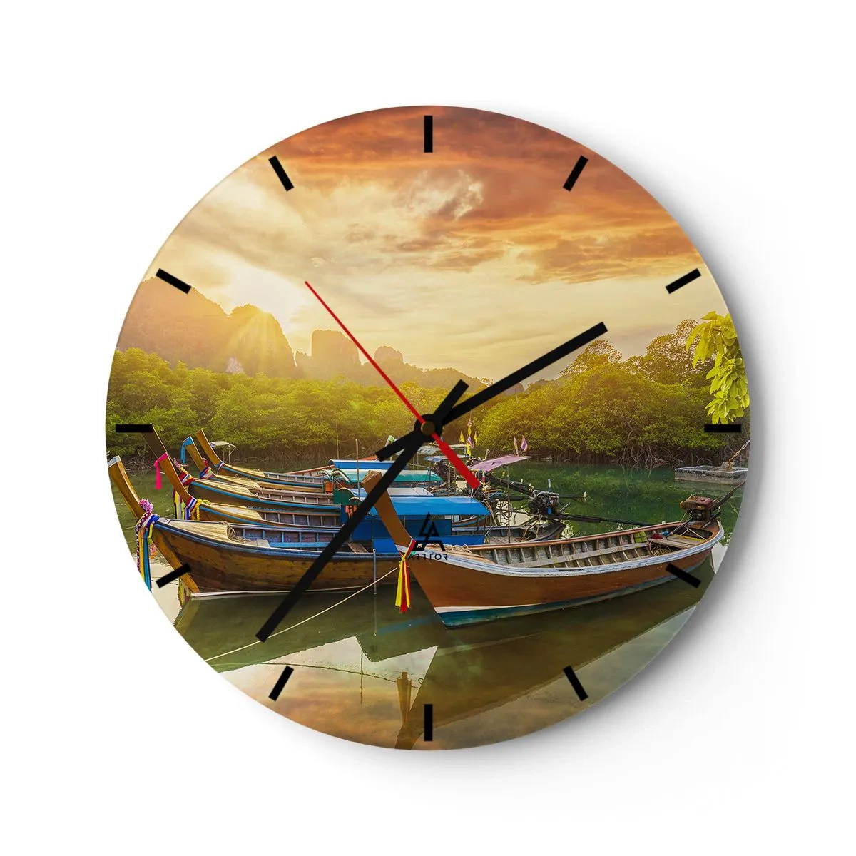 Orologio da parete - Orologio in Vetro - Barche sulla riva sotto i raggi del sole al tramonto - 30x30cm - Prima di un giorno di lavoro - Decorazione murale moderna per soggiorno, cucina e camera da letto ARTTOR