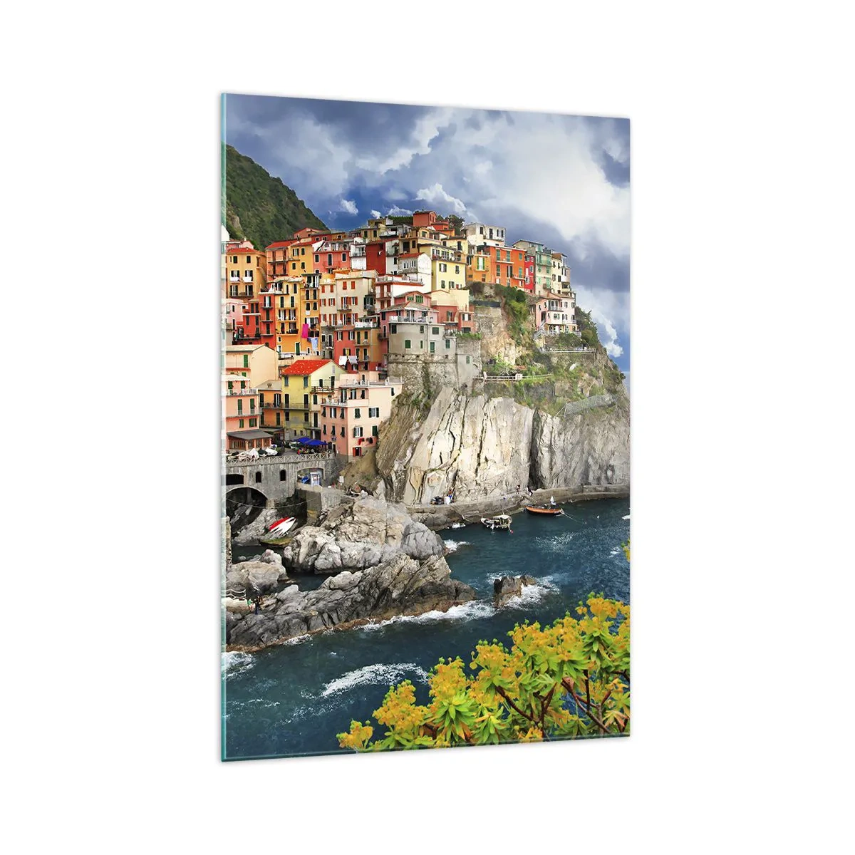 Quadro su vetro - Case colorate su una scogliera a picco sul mare nelle Cinque Terre - 70x100cm - Aggrappate alla roccia - Decorazione murale moderna per soggiorno e camera da letto ARTTOR