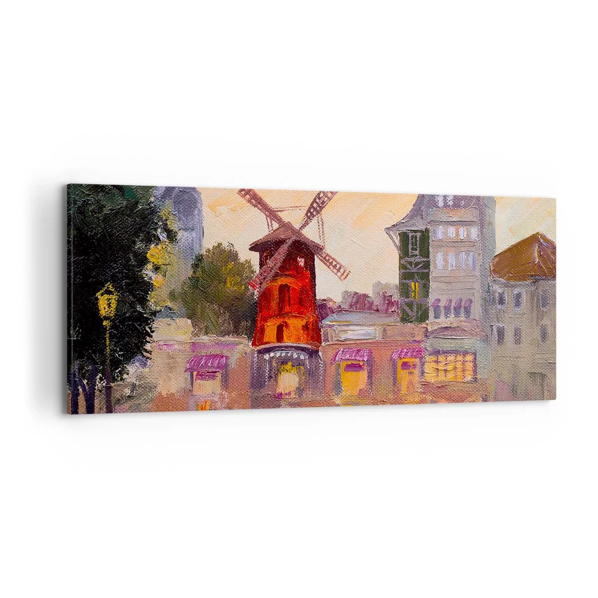 Quadro su tela - Stampe su Tela - Il mulino a vento rosso del Moulin Rouge circondato dal paesaggio urbano - 120x50cm - Le icone di Parigi: il Moulin Rouge - Decorazione murale moderna per soggiorno e camera da letto ARTTOR