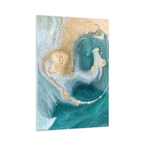Quadro su vetro - Oro su onde turchesi in stile astratto - 50x70cm - Vortice di oro e turchese - Decorazione murale moderna per soggiorno e camera da letto ARTTOR