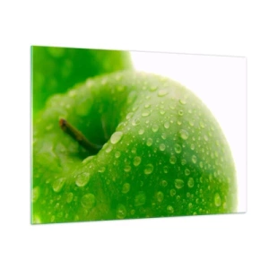 Quadro su vetro - Una mela verde ricoperta di gocce d'acqua - 100x70cm - Rinfrescante verde freschezza - Decorazione murale moderna per soggiorno e camera da letto ARTTOR