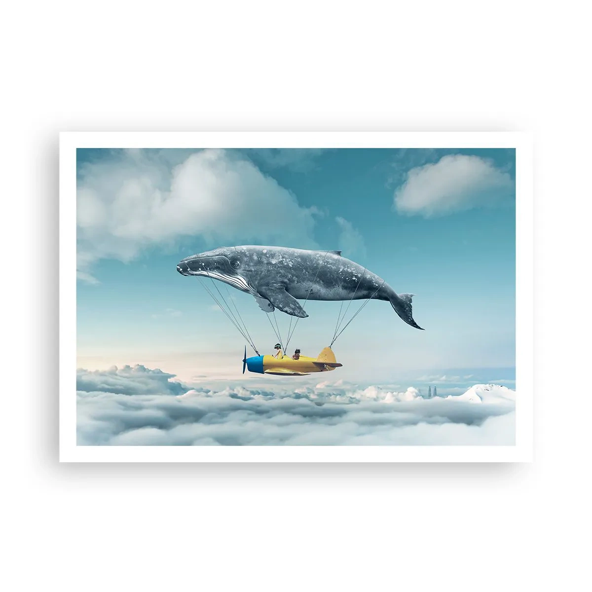 Poster - Una balena volante trasporta un aereo in un'ambientazione surreale. - 100x70cm - Perché no? - Decorazione murale moderna per soggiorno e camera da letto ARTTOR