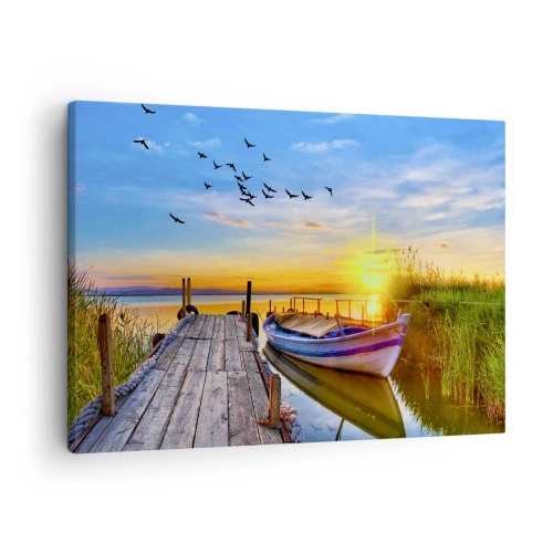 Quadro su tela - Stampe su Tela - Una barca su un molo di legno al tramonto - 70x50cm - A domani - Decorazione murale moderna per soggiorno e camera da letto ARTTOR