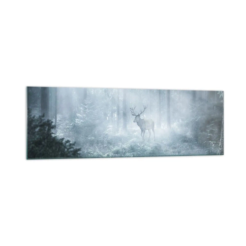 Quadro su vetro - Un cervo in una fitta foresta avvolto nella nebbia mattutina - 160x50cm - Passeggiata mattutina sulle sue terre - Decorazione murale moderna per soggiorno e camera da letto ARTTOR
