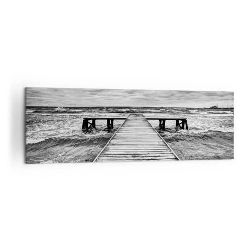 Quadro su tela - Stampe su Tela - Una vista in bianco e nero di un molo di legno su un mare in tempesta. - 160x50cm - Aspetto che il vento le scacci via... - Decorazione murale moderna per soggiorno e camera da letto ARTTOR