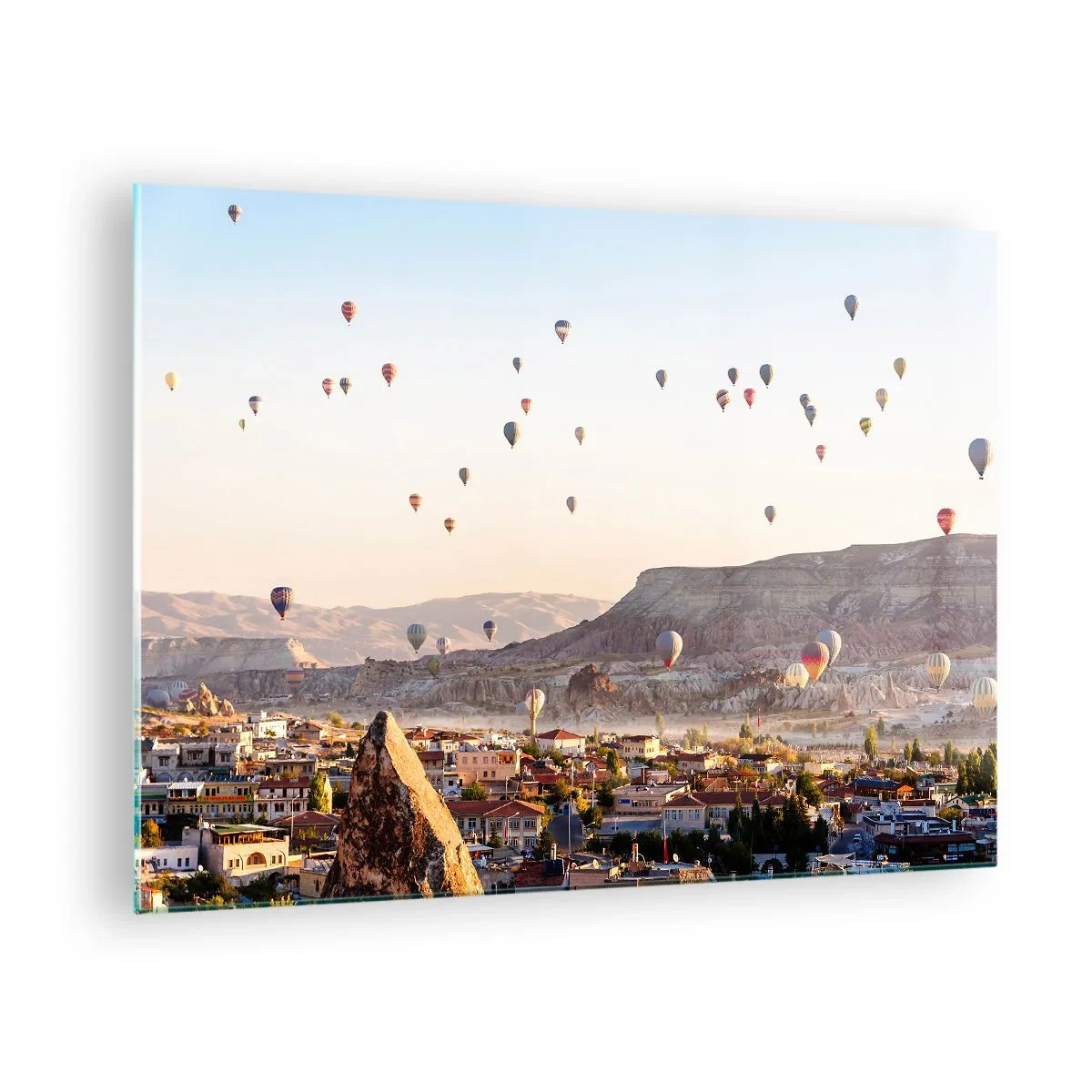 Quadro su vetro - Volo in mongolfiera sopra la Cappadocia alla luce del mattino - 70x50cm - Come navi nel cielo - Decorazione murale moderna per soggiorno e camera da letto ARTTOR