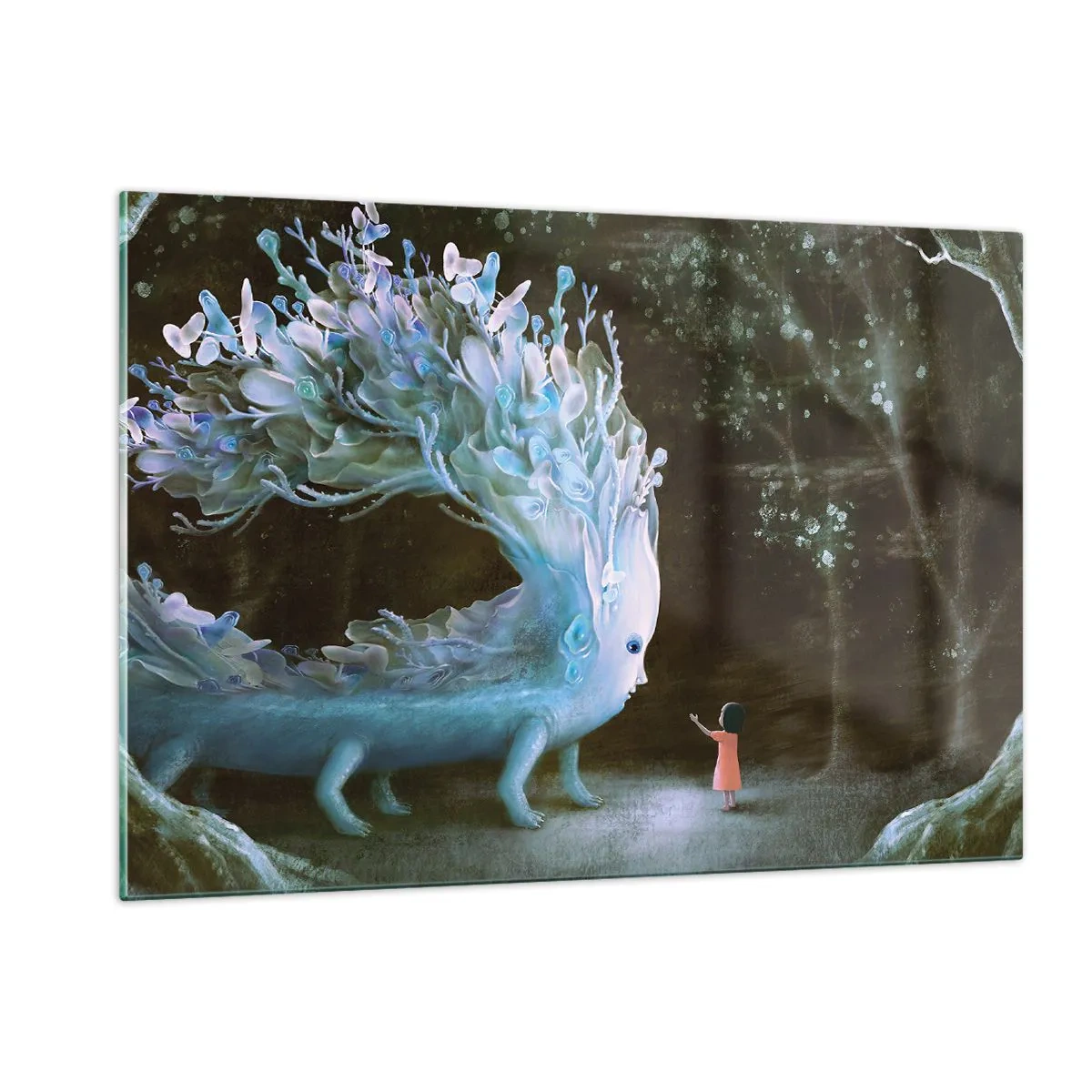 Quadro su vetro - Una ragazza incontra una creatura magica nella foresta. - 120x80cm - Incontro fantastico - Decorazione murale moderna per soggiorno e camera da letto ARTTOR