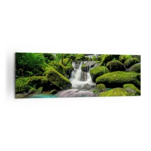 Quadro su tela - Stampe su Tela - Una cascata tropicale circondata dal verde e dall'acqua turchese - 160x50cm - Turchese, zaffiro e argento liquido - Decorazione murale moderna per soggiorno e camera da letto ARTTOR