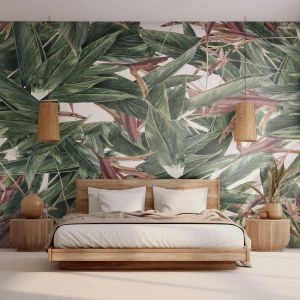 Fotomurali Autoadesivo Deluxe Sticker - Macchia smeraldo e lilla - Fiori, Hawaii, Foglie - 500x350 cm