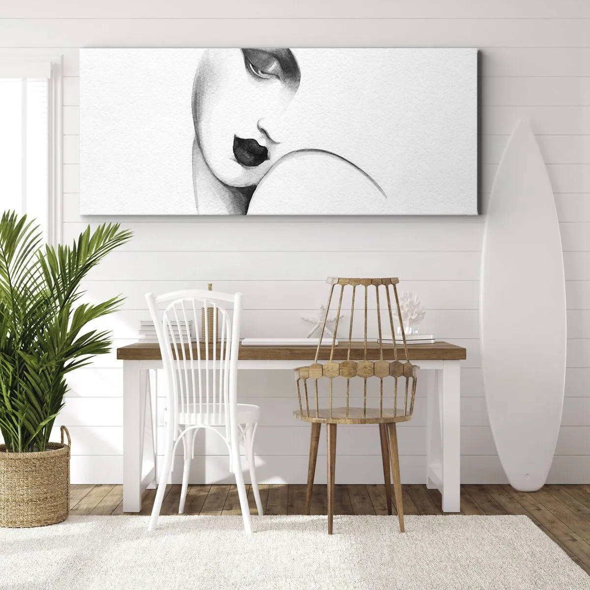Quadro su tela - Stampe su Tela - Un sottile ritratto di una donna in stile monocromatico - 160x50cm - Nello stile di Lempicka - Decorazione murale moderna per soggiorno e camera da letto ARTTOR