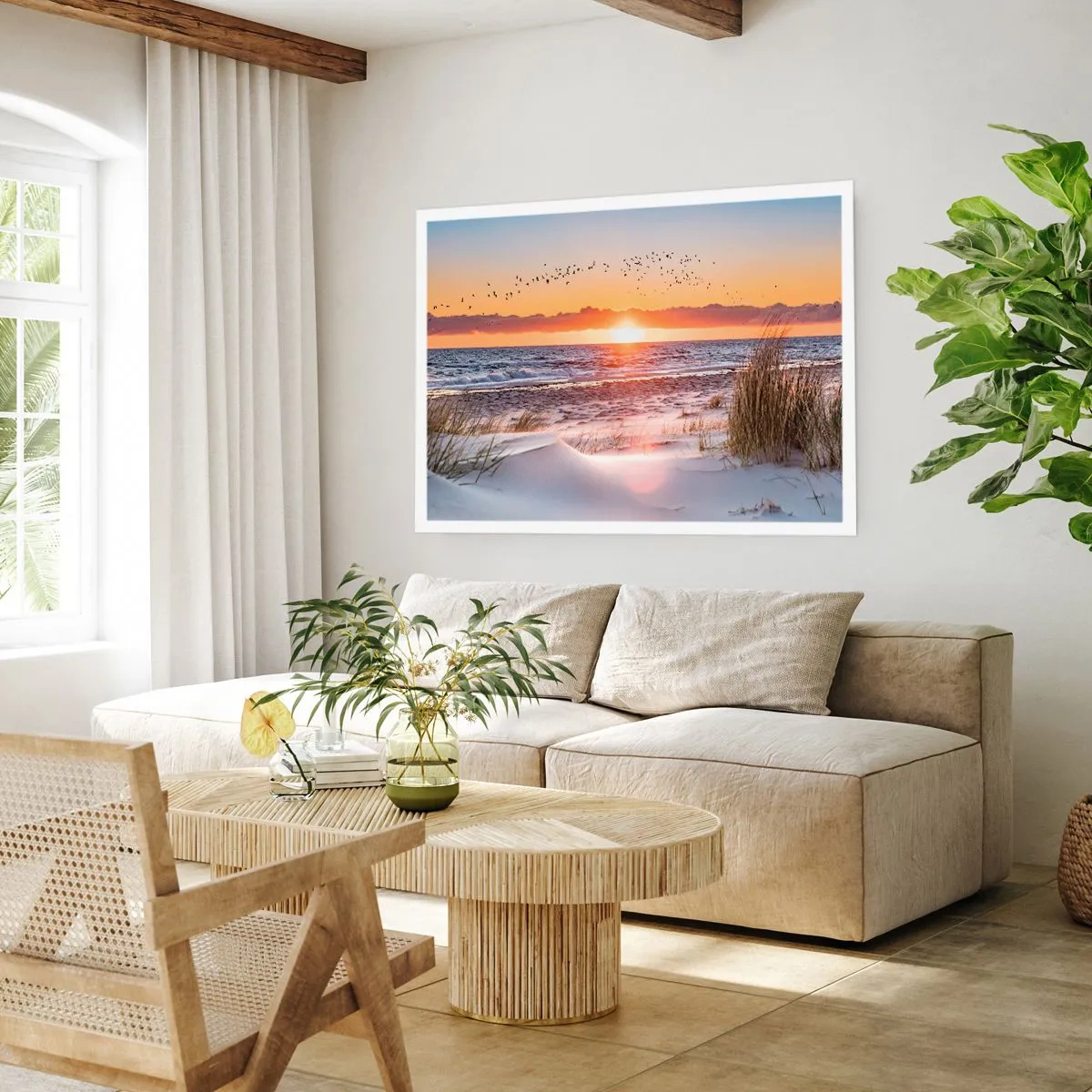 Poster - Tramonto sul mare con vista sulle dune - 100x70cm - Paesaggio orizzontale - Decorazione murale moderna per soggiorno e camera da letto ARTTOR