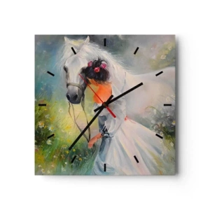 Orologio da parete - Orologio in Vetro - Una donna con un cavallo bianco in un ambiente pittoresco - 30x30cm - Come in un bel sogno - Decorazione murale moderna per soggiorno e camera da letto ARTTOR