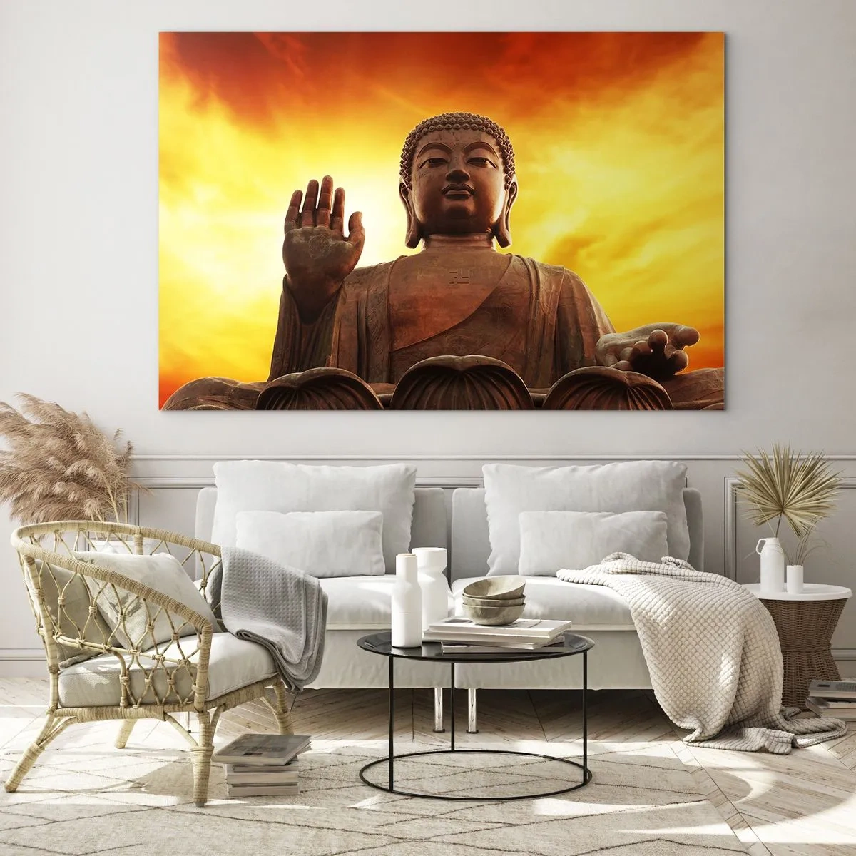 Quadro su vetro - Una statua del Buddha sullo sfondo di un tramonto dorato - 120x80cm - La pace del mondo - Decorazione murale moderna per soggiorno e camera da letto ARTTOR