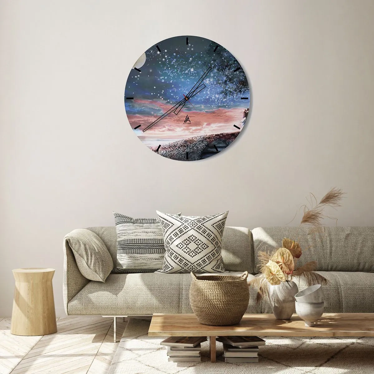 Orologio da parete - Orologio in Vetro - Un cielo notturno pieno di stelle con una luna e nuvole rosa - 30x30cm - Lo spettacolo delle stelle - Decorazione murale moderna per soggiorno, cucina e camera da letto ARTTOR