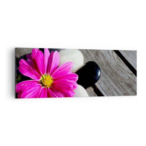 Quadro su tela - Stampe su Tela - Fiore rosa su uno sfondo di assi di legno con pietre - 140x50cm - Riposo sul molo - Decorazione murale moderna per soggiorno e camera da letto ARTTOR