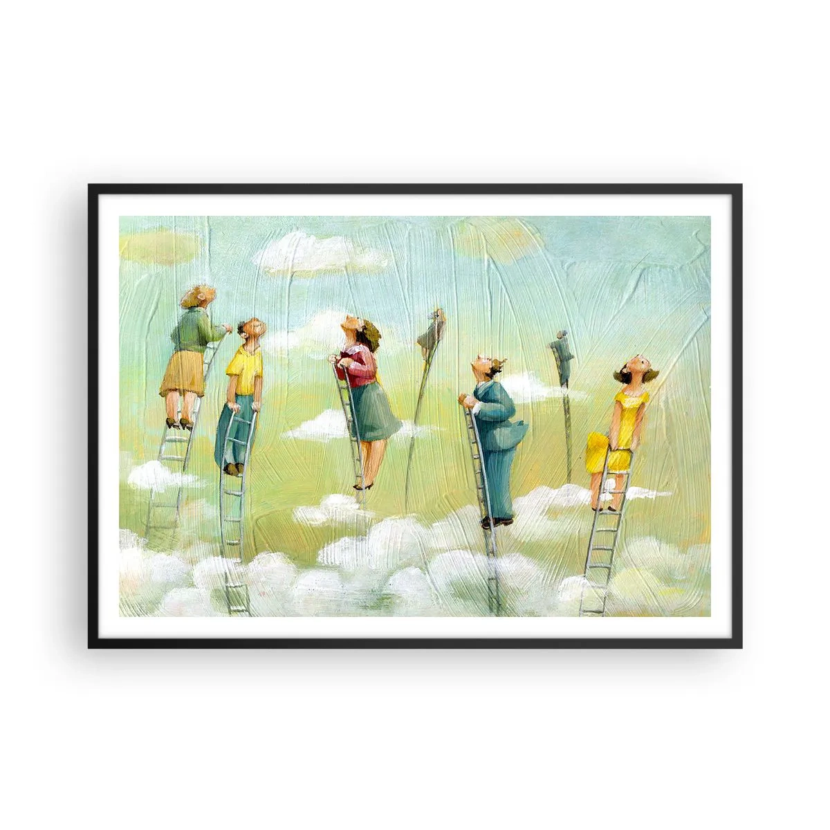 Poster in cornice nera - Figure che salgono scale tra le nuvole su uno sfondo pastello. - 100x70cm - Seguendo i propri sogni - Decorazione murale moderna per soggiorno e camera da letto ARTTOR