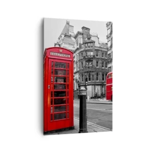 Quadro su tela - Stampe su Tela - Una cabina telefonica rossa e un autobus a due piani a Londra con la città sullo sfondo - 80x120cm - Il più rosso d'Europa - Decorazione murale moderna per soggiorno e camera da letto ARTTOR
