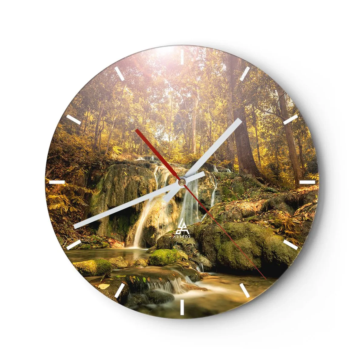 Orologio da parete - Orologio in Vetro - Cascata nella foresta al sole - 30x30cm - Cascata boschiva in verde - Decorazione murale moderna per soggiorno, cucina e camera da letto ARTTOR