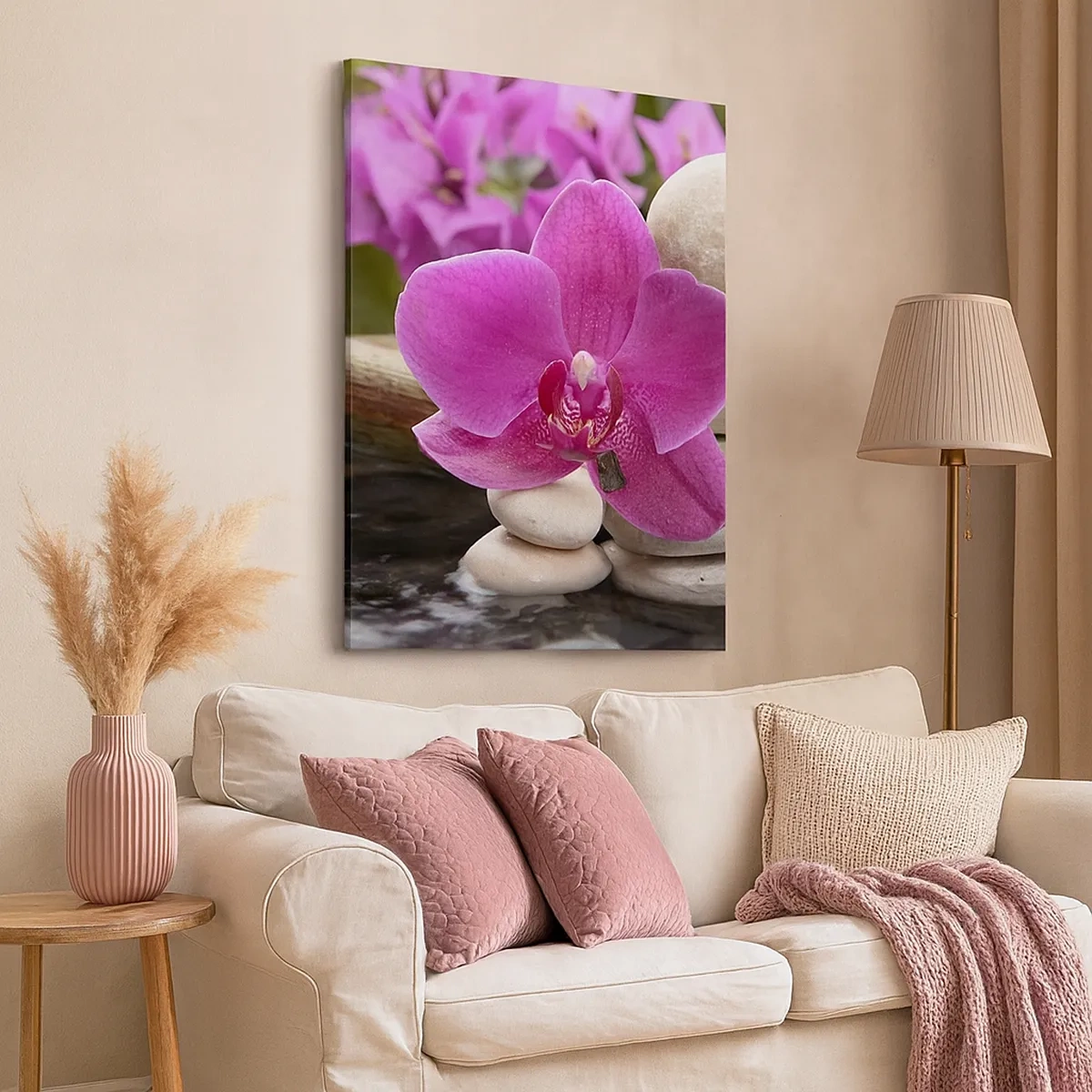 Quadro su tela - Stampe su Tela - Orchidea viola, pietre e bambù con acqua in un ambiente rilassante - 50x70cm - E già ti riposi - Decorazione murale moderna per soggiorno e camera da letto ARTTOR