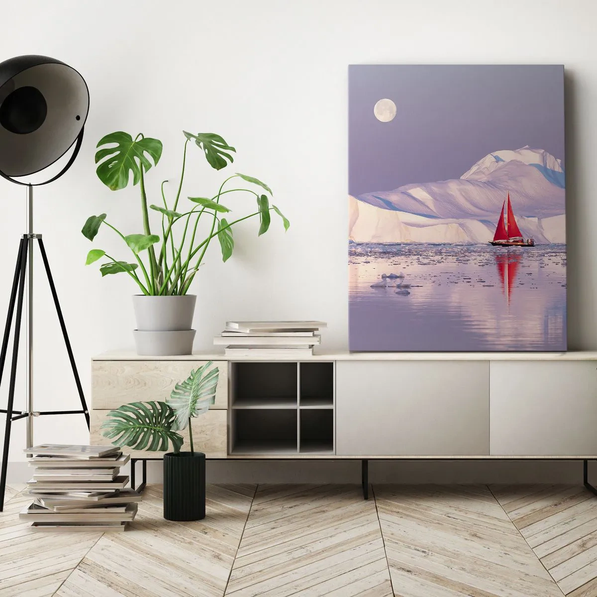 Quadro su tela - Stampe su Tela - Una vela rossa sullo sfondo di montagne ghiacciate e una luna piena. - 80x120cm - Calore della vela, gelo del ghiaccio - Decorazione murale moderna per soggiorno e camera da letto ARTTOR