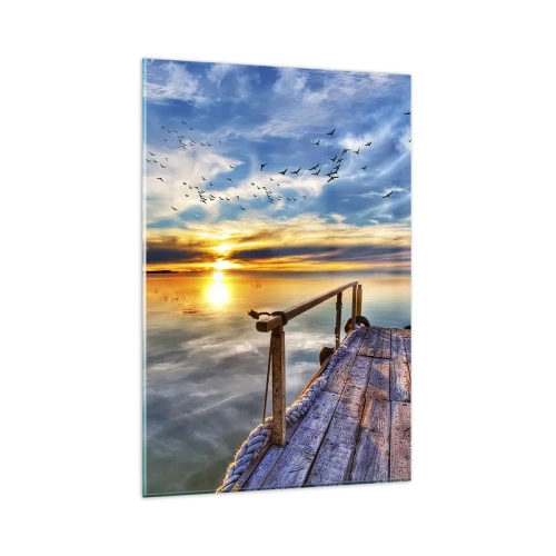 Quadro su vetro - Molo di legno sul lago al tramonto - 80x120cm - Il vento è andato a dormire - Decorazione murale moderna per soggiorno e camera da letto ARTTOR