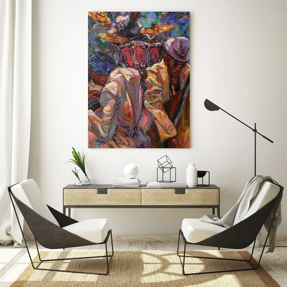Quadro su vetro - Scena jazz energica con musicisti e strumenti - 70x100cm - In un unico ritmo - Decorazione murale moderna per soggiorno e camera da letto ARTTOR