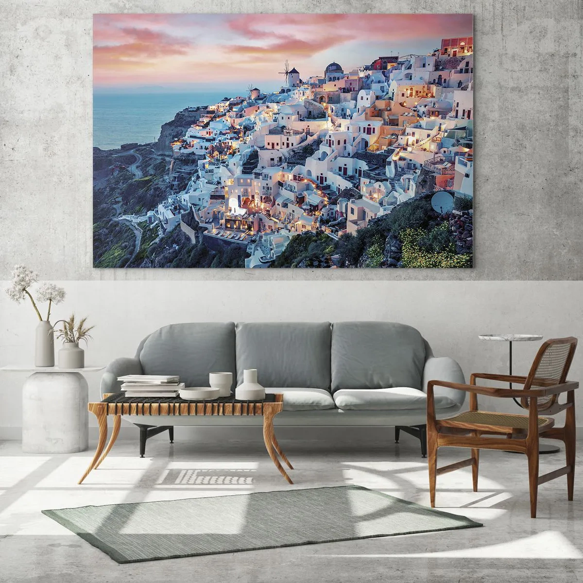 Quadro su vetro - Città greca sulla scogliera al tramonto con vista sul mare - 70x50cm - La tua grossa vacanza greca - Decorazione murale moderna per soggiorno e camera da letto ARTTOR