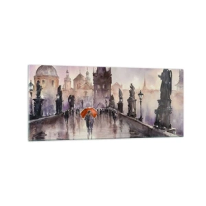 Quadro su vetro - Vista romantica di un ponte con un ombrello sullo sfondo di una città serale - 120x50cm - Le persone non cambiano - Decorazione murale moderna per soggiorno e camera da letto ARTTOR