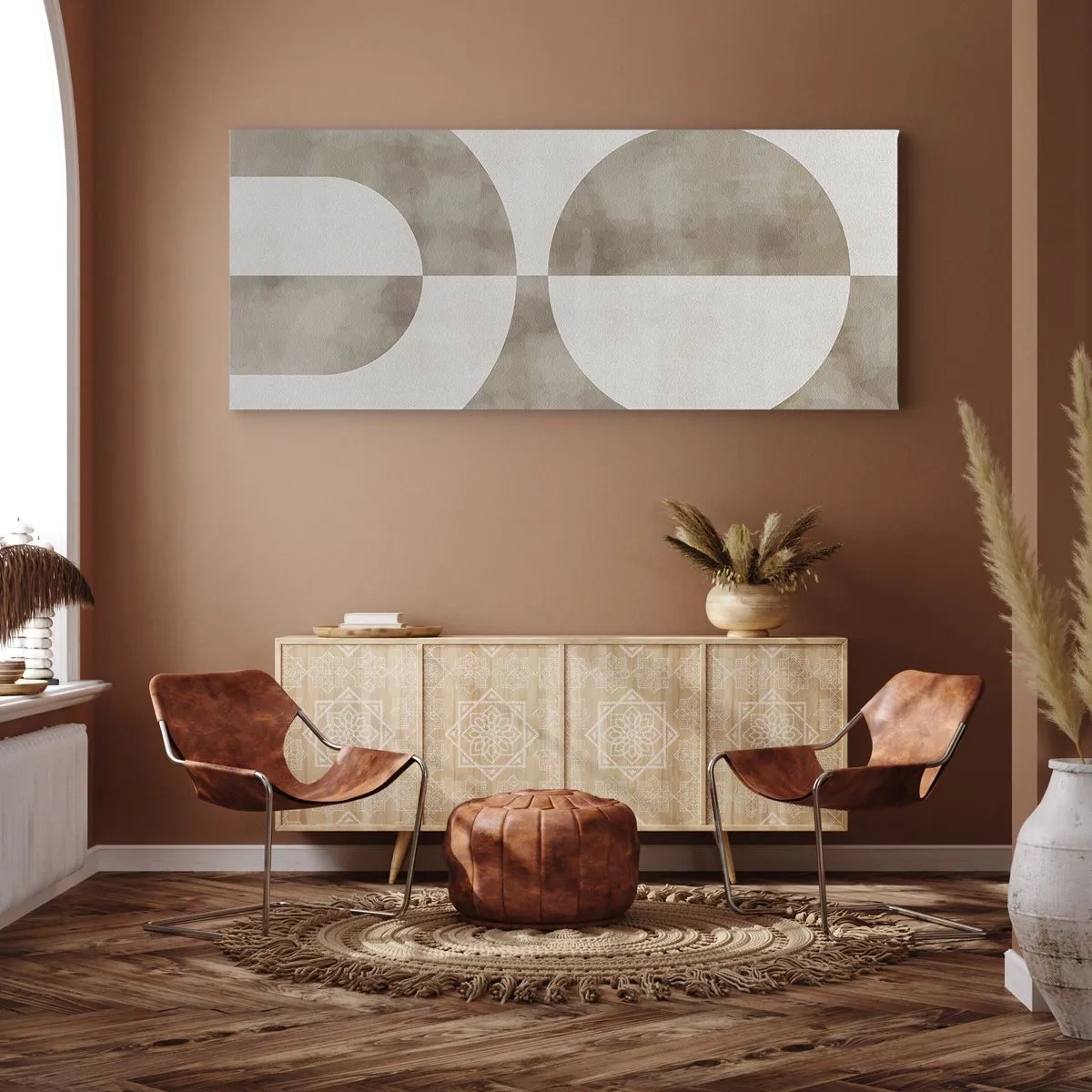 Quadro su tela - Stampe su Tela - Un dipinto astratto nei toni del beige con forme geometriche e simmetria. - 140x50cm - Analogie e differenze - Decorazione murale moderna per soggiorno e camera da letto ARTTOR