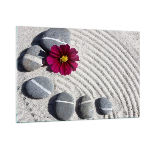 Quadro su vetro - Pietre con strisce bianche e un fiore viola sulla sabbia in stile zen - 120x80cm - Energia e pace nel cerchio magico della natura - Decorazione murale moderna per soggiorno e camera da letto ARTTOR