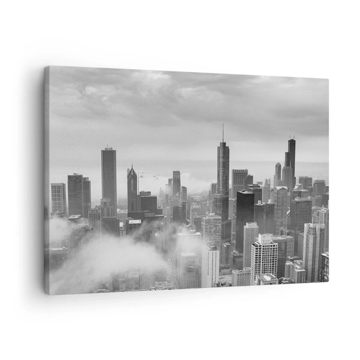 Quadro su tela - Stampe su Tela - Panorama della città con grattacieli tra le nuvole in bianco e nero - 70x50cm - Paesaggio americano - Decorazione murale moderna per soggiorno e camera da letto ARTTOR