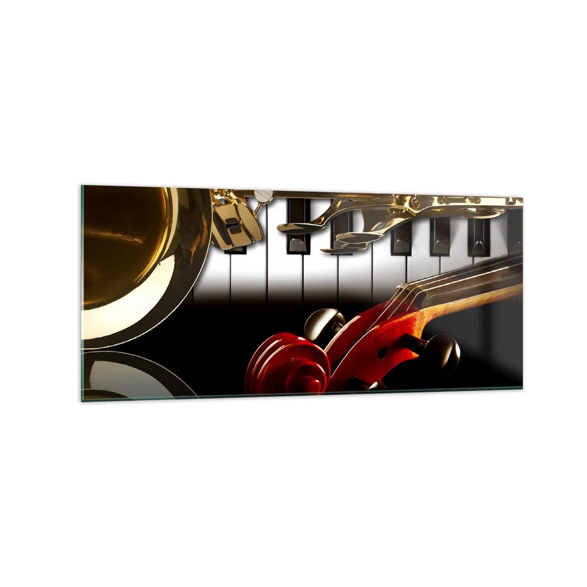 Quadro su vetro - Un sassofono dorato, tasti di pianoforte e un violino rosso - 120x50cm - Metallo, legno e avorio - Decorazione murale moderna per soggiorno e camera da letto ARTTOR
