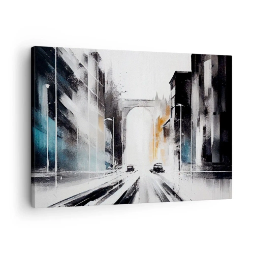 Quadro su tela - Stampe su Tela - Panorama astratto della città con un ponte ad arco - 70x50cm - Studio di città: architettura e movimento - Decorazione murale moderna per soggiorno e camera da letto ARTTOR