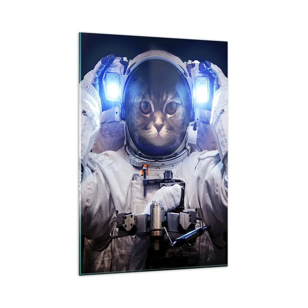 Quadro su vetro - Un gatto in tuta da astronauta con la Terra sullo sfondo e una luce intensa. - 80x120cm - Houston, avete un problema - Decorazione murale moderna per soggiorno e camera da letto ARTTOR