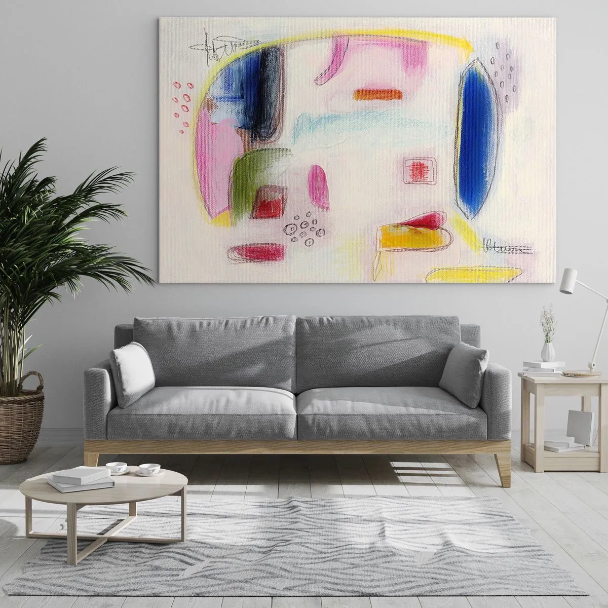 Quadro su vetro - Astrazione colorata con forme geometriche e pastelli - 100x70cm - Più convesse che concave o piatte - Decorazione murale moderna per soggiorno e camera da letto ARTTOR