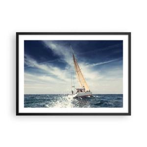 Poster in cornice nera - Una barca a vela su un mare in tempesta sotto un cielo azzurro - 70x50cm - Non ci raggiungeranno! - Decorazione murale moderna per soggiorno e camera da letto ARTTOR
