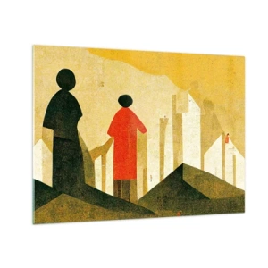 Quadro su vetro - Silhouette geometriche di figure tra forme alte sullo sfondo di un cielo giallo - 70x50cm - La strada è ancora lunga - Decorazione murale moderna per soggiorno e camera da letto ARTTOR