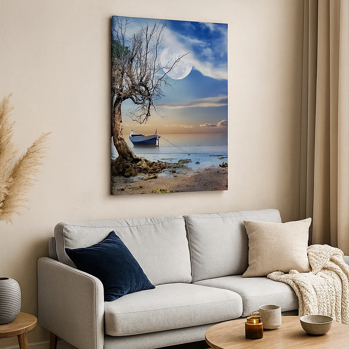 Quadro su tela - Stampe su Tela - Un albero solitario e una barca su acque calme sotto la luna piena. - 50x70cm - È la fine o l'inizio? - Decorazione murale moderna per soggiorno e camera da letto ARTTOR